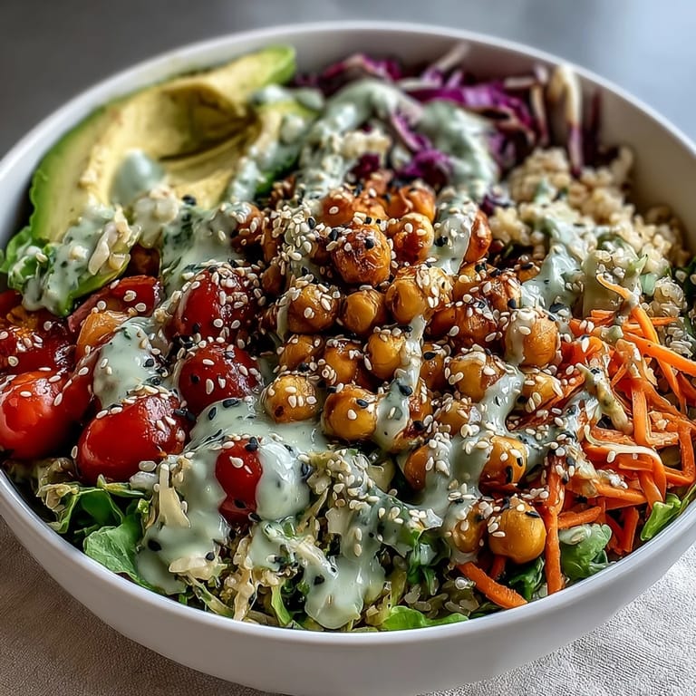 Served Rainbow Veggie Buddha Bowl with Sesame Ginger Dressing, drizzled and garnished with green onions, perfect for a healthy vegan lunch.