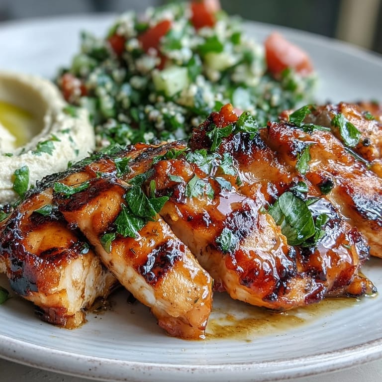 A close-up of Mediterranean Grilled Chicken with Hummus and Tabbouleh, showing charred chicken, a drizzle of olive oil, and fresh parsley.