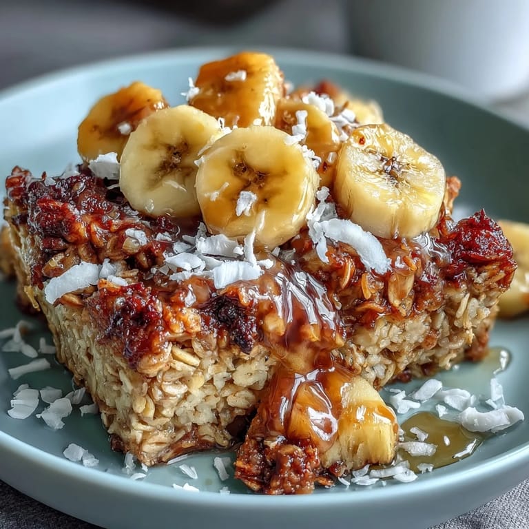 Wholesome baked oats topped with toasted coconut, dried mango, and fresh pineapple, offering a warm, island-inspired morning dish.