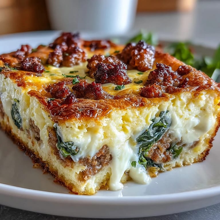 Hearty low-carb breakfast bake loaded with fluffy eggs, tender spinach, and rich sausage for meal prep.