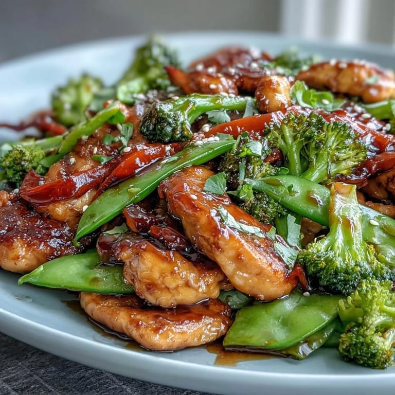 Quick and healthy chicken stir-fry with broccoli florets, snap peas, and bell pepper in a glossy, low-sodium Asian-style sauce.  
