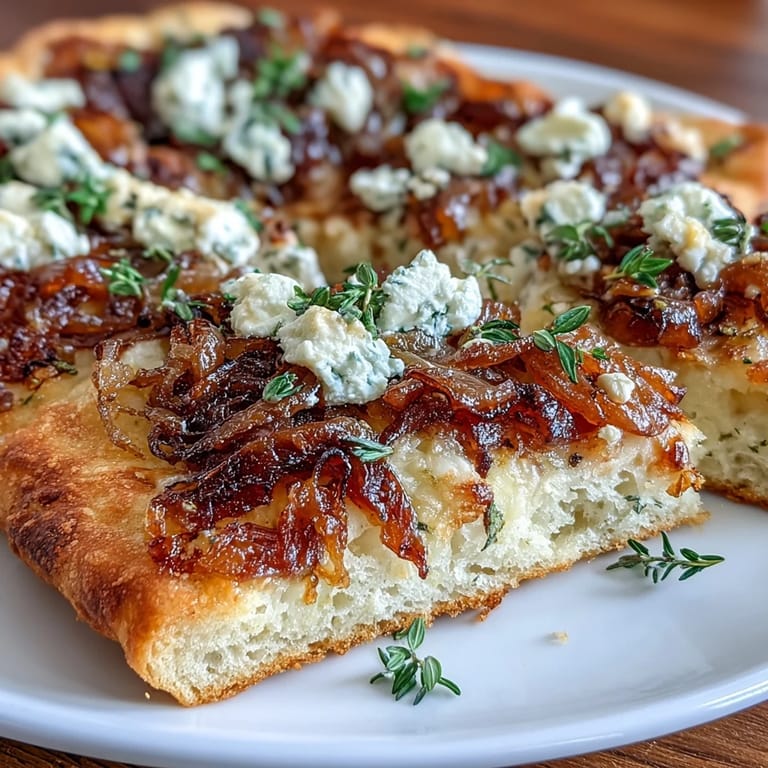 Golden, oven-baked flatbread topped with rich caramelized onions, tangy goat cheese, and a drizzle of honey for irresistible flavor.