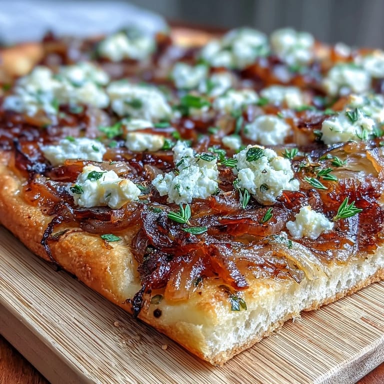 Savory vegetarian flatbread layered with deeply caramelized onions, crumbled goat cheese, and aromatic thyme, baked until crisp and golden.