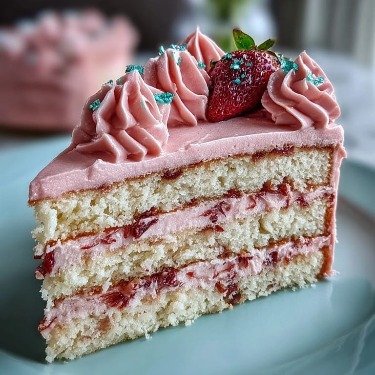 Layered vanilla cake topped with strawberry buttercream in shades of pink, perfect for celebrating friendship and love on Galentine's Day.