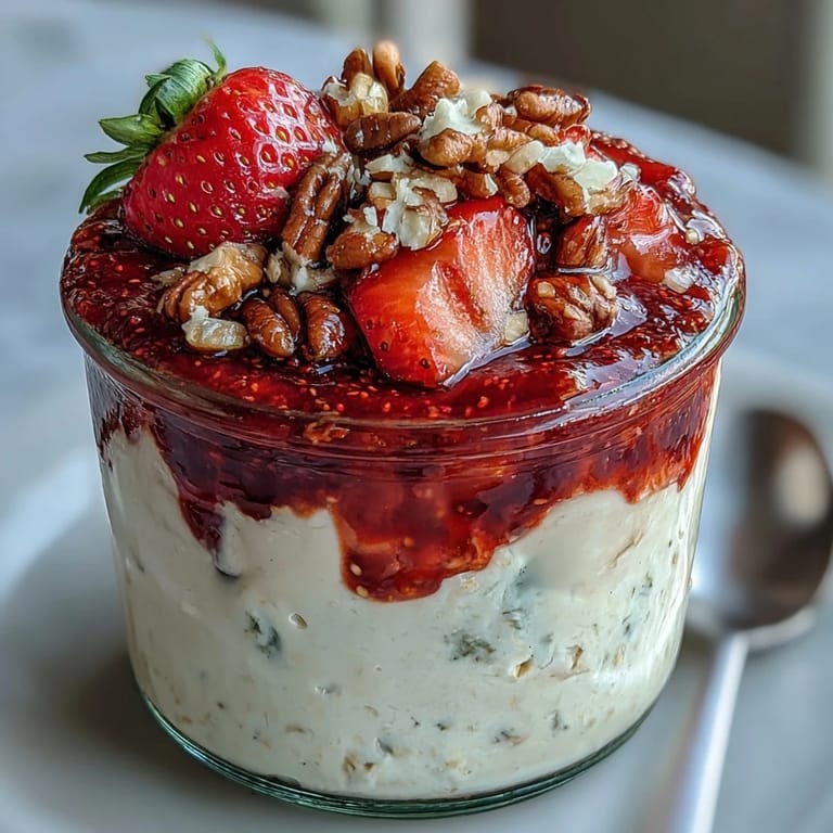 Layered overnight oats with sweet strawberry chia jam, a delicious make-ahead morning treat.