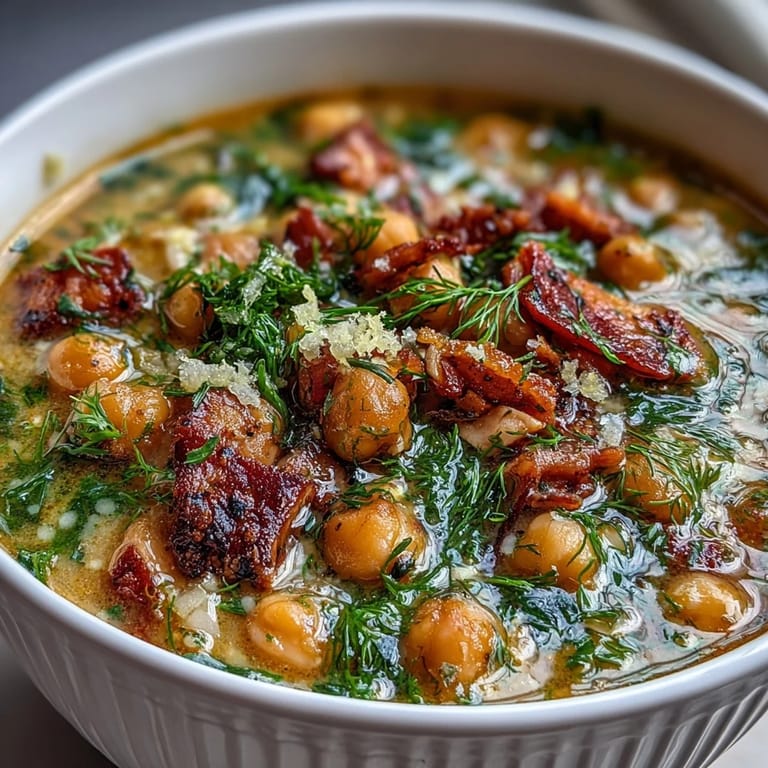A comforting bowl of hearty ham and chickpea soup, brightened with fresh lemon and dill, perfect for chilly evenings.