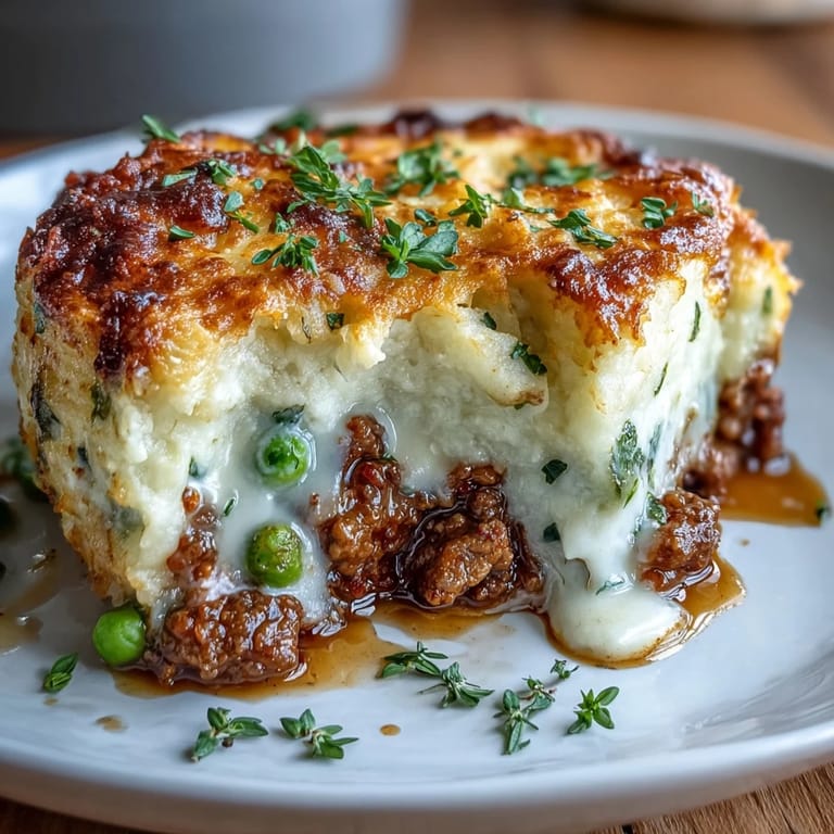 Savory ground lamb and vegetable filling beneath creamy cauliflower mash in a classic shepherds pie.