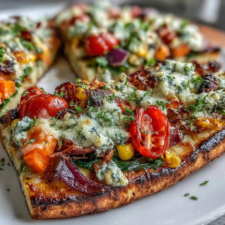 Vibrant St. Patricks Day rainbow veggie flatbread pizza featuring red tomatoes, orange peppers, yellow corn, green spinach, and purple cabbage in a festive pattern.