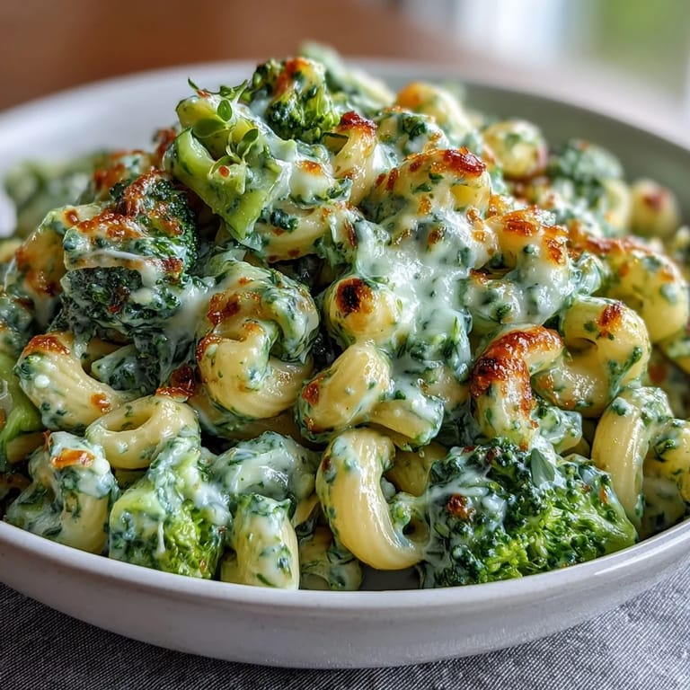 Creamy homemade green mac and cheese featuring fresh spinach, tender broccoli florets, and a blend of melted cheeses in every bite.