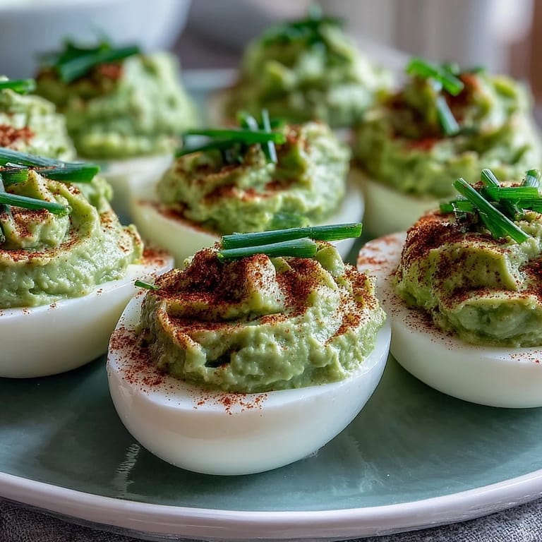 Creamy avocado and egg yolk filling piped into egg whites, topped with fresh chives for a colorful party snack.  