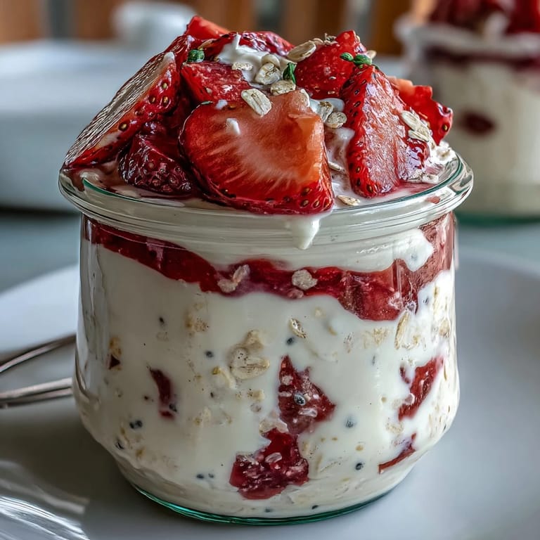 Velvety vanilla protein overnight oats topped with juicy strawberries and chia seeds, perfect for a healthy and satisfying breakfast on the go.