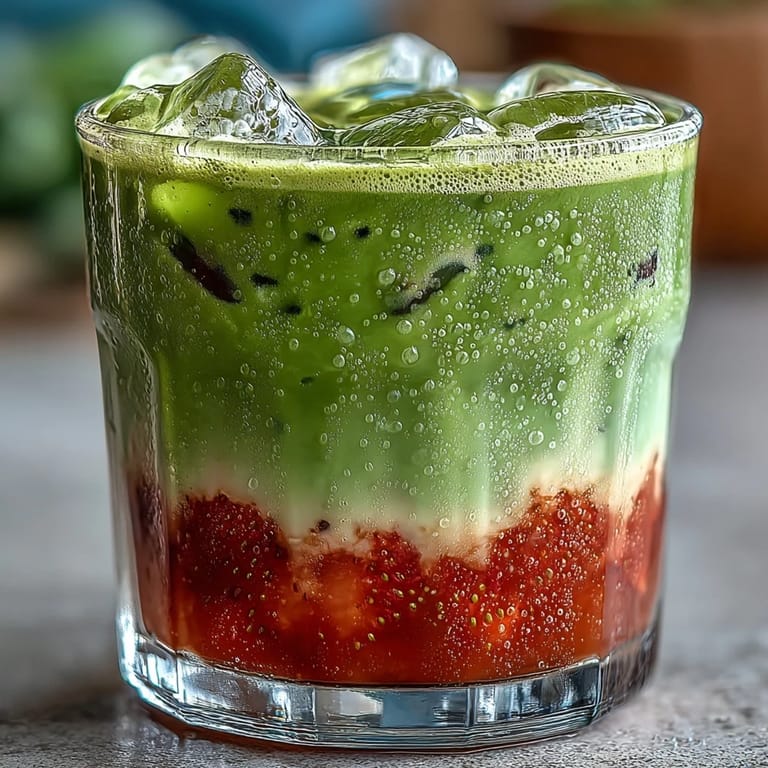 Refreshing iced latte featuring layers of sweet strawberry purée, earthy matcha, and smooth coconut milk in a tall glass.  