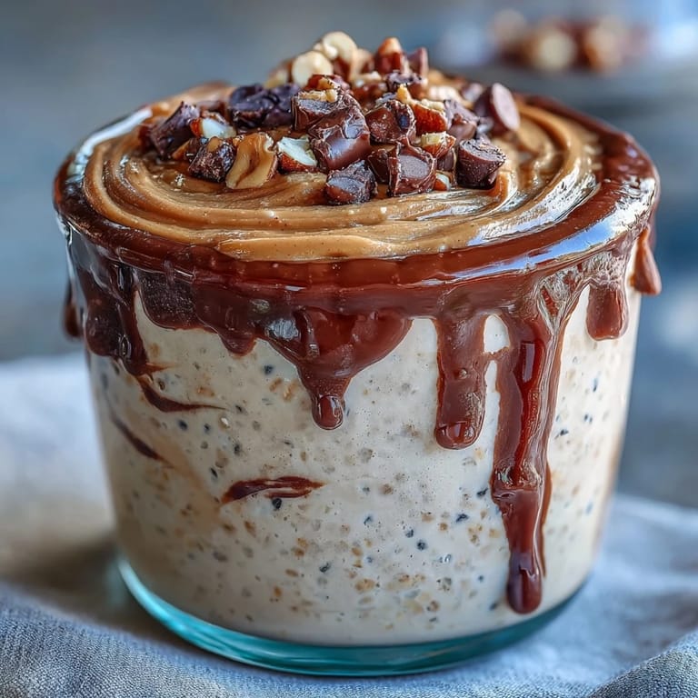 Creamy overnight oats layered with peanut butter and chocolate, served in a jar and garnished with sliced bananas for a satisfying sweet snack or breakfast treat.