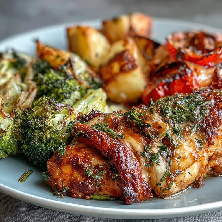 Nutritious Healthy 5-Ingredient Sheet Pan Chicken and Veggies with tender chicken and perfectly roasted seasonal vegetables.