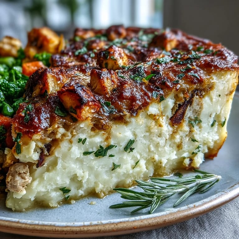 Golden-baked Turkey Shepherds Pie featuring lean ground turkey and a smooth, lightened-up cauliflower mash.