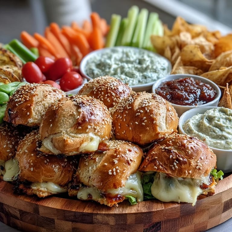 Festive BBQ baby shower board featuring mini sliders, colorful veggies, and assorted chips for a crowd.