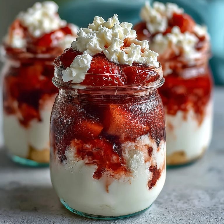 Mason jar strawberry shortcake parfaits layered with golden shortcake, sweet strawberries, and vanilla whipped cream.