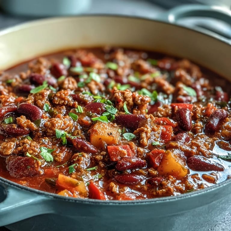 A steaming bowl of Healthy Easy One-Pot Turkey Chili with Beans, loaded with tender turkey, colorful vegetables, and beans, perfect for a cozy, nutritious dinner.