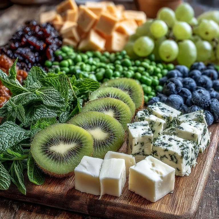 Colorful St. Patrick's Day green food board with seasonal produce, savory snacks, and sweet treats arranged beautifully.