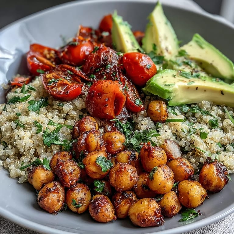 Bright and satisfying lemon vinaigrette grain bowls with crispy chickpeas, creamy avocado, and crisp vegetables for a nourishing lunch.