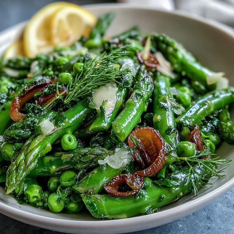 Asparagus ribbons, green peas, and arugula topped with Parmesan and pine nuts, drizzled with zesty lemon vinaigrette.  