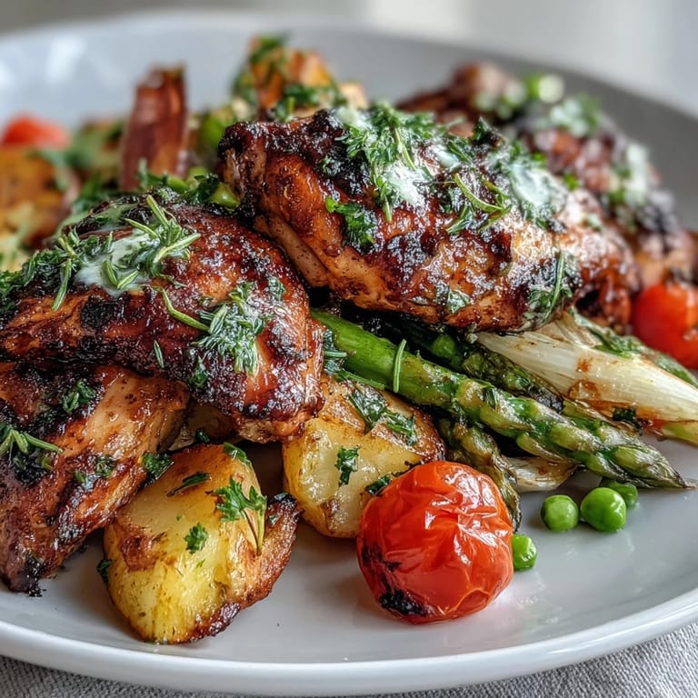 Colorful and wholesome sheet pan chicken dinner with juicy chicken breasts and a medley of fresh asparagus, cherry tomatoes, and snap peas.
