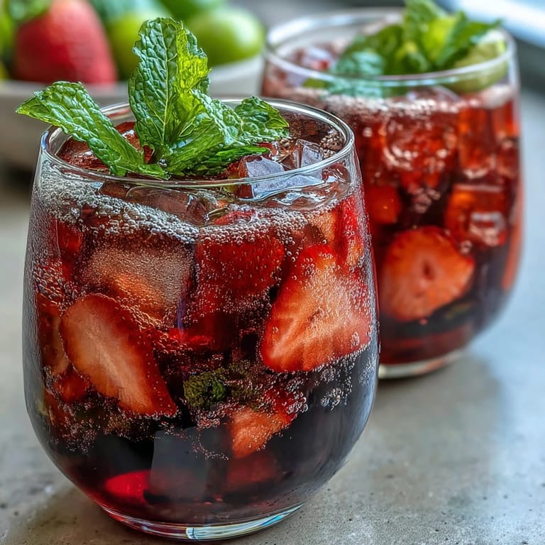 Vibrant non-alcoholic drink with sliced strawberries, lemon wedges, and sparkling water for a festive touch.