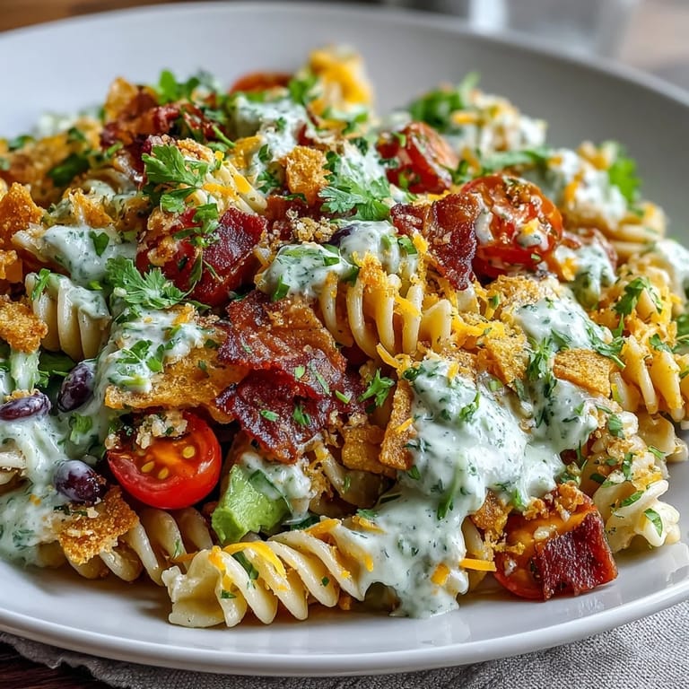 Vibrant Taco Pasta Salad loaded with cherry tomatoes, black beans, and avocado, topped with zesty Tex-Mex dressing and cheese.  