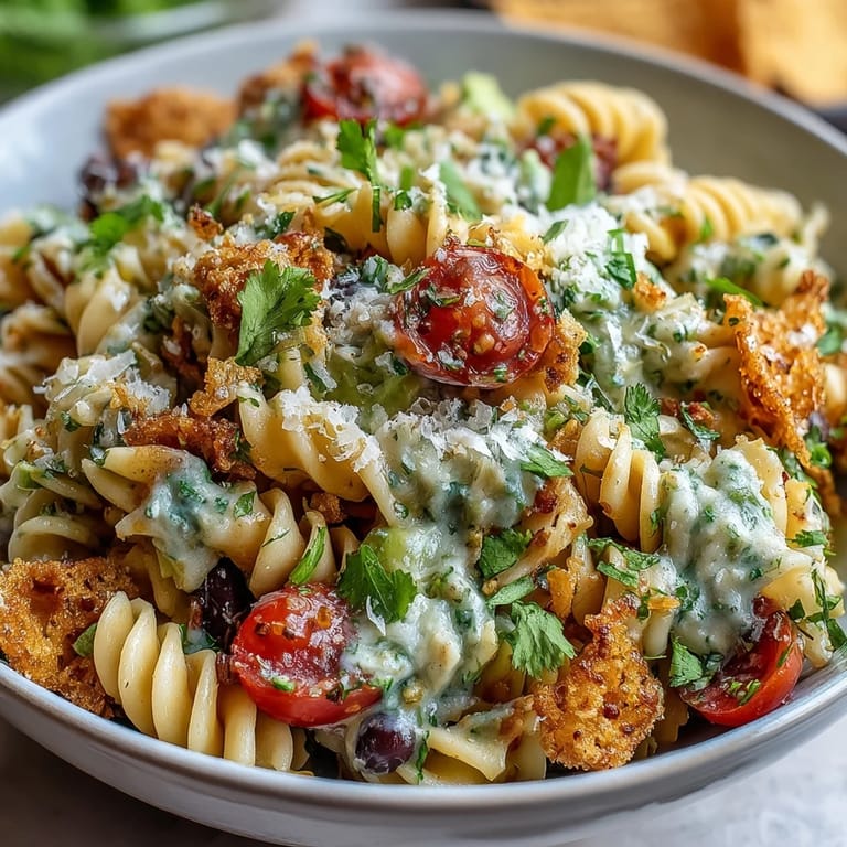 Creamy Taco Pasta Salad featuring al dente rotini, fresh cilantro, and shredded cheddar, perfect for potlucks and casual gatherings.