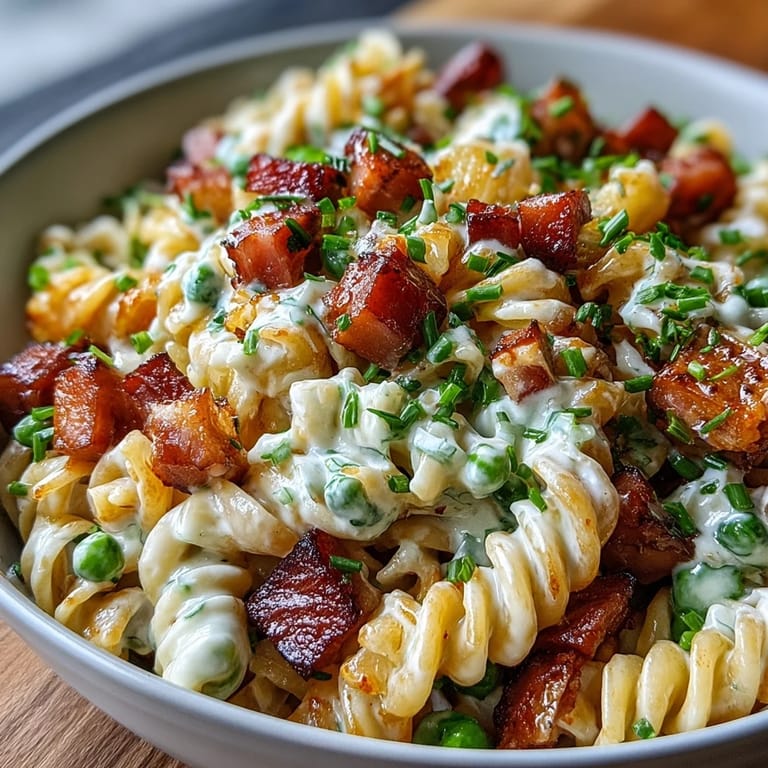 Tropical Hawaiian pasta salad with juicy pineapple, savory ham, and crunchy veggies, tossed in tangy ranch dressing.