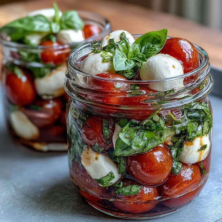 Vibrant Mason Jar Caprese Salad featuring ripe tomatoes, creamy mozzarella, and fragrant basil, drizzled with balsamic dressing.