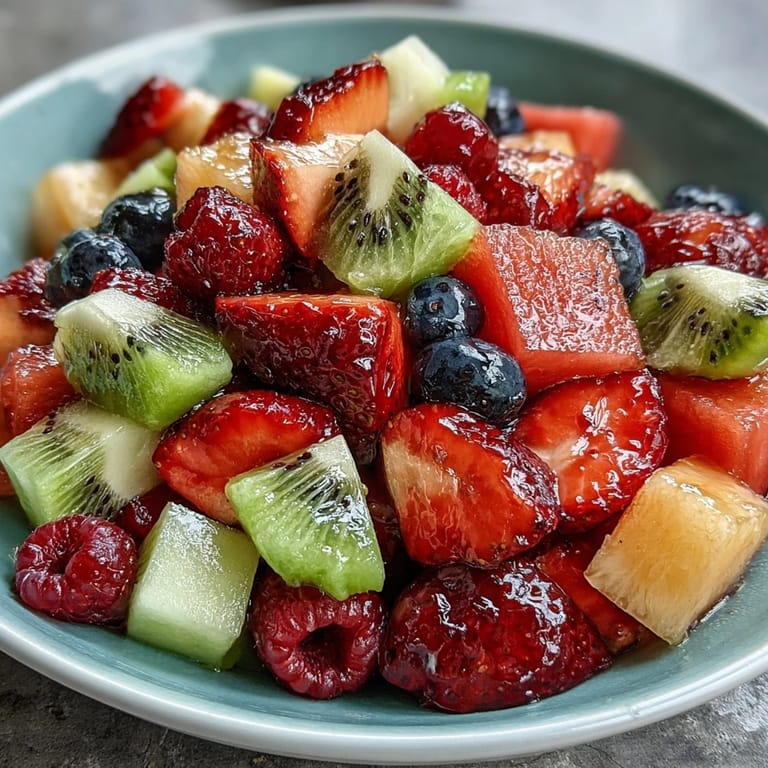 Colorful fruit table arranged in rainbow order, perfect for summer parties, with a bowl of creamy coconut whipped cream on the side.
