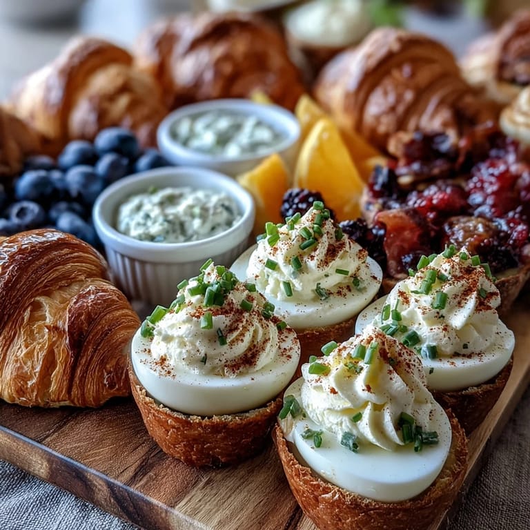Festive Easter brunch board featuring deviled eggs, seasonal fruit, and assorted pastries, perfect for a spring gathering.
