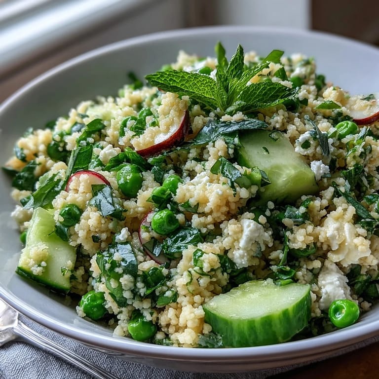Fluffy couscous tossed with sweet peas, mint, and cucumber for a refreshing spring side dish.