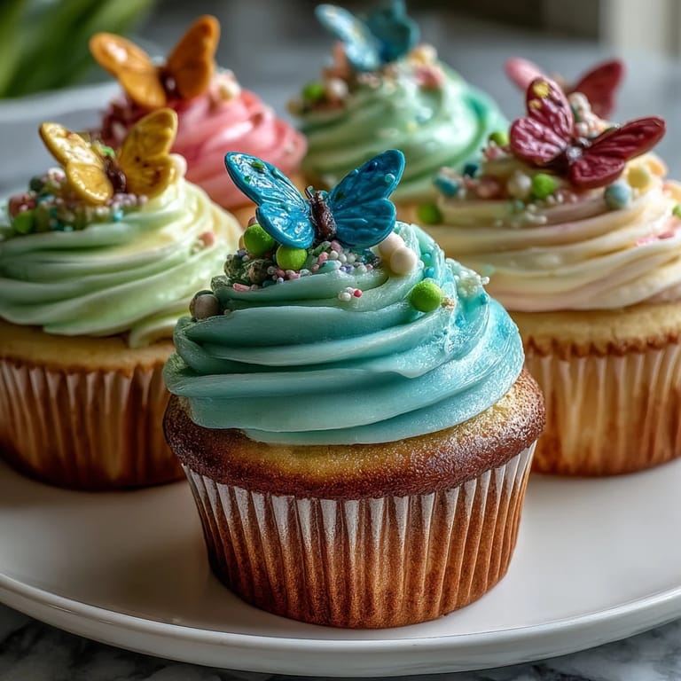 Delicate vanilla cupcakes topped with swirled pastel buttercream and charming butterfly decorations, perfect for spring celebrations.