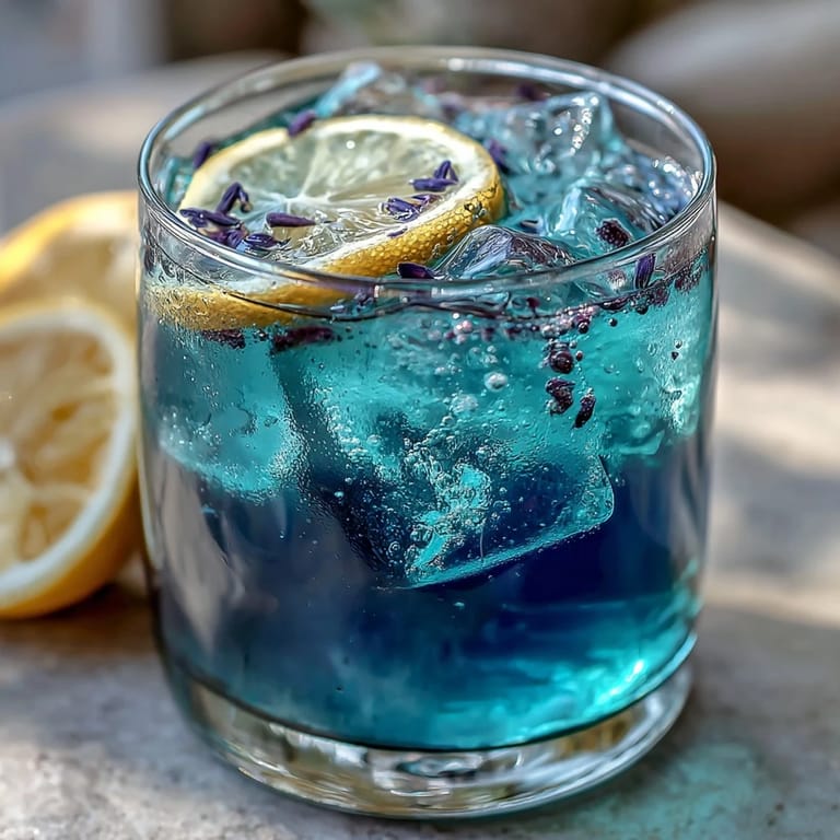 A mesmerizing glass of Butterfly Pea Flower Color-Change Lemonade, where blue herbal tea meets citrus, creating a stunning purple gradient perfect for parties.