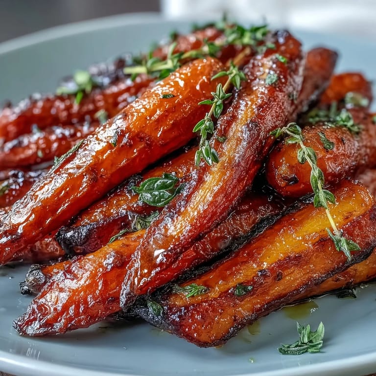 Tender roasted carrots coated in a sweet honey glaze and fresh thyme, perfect for holiday meals or family dinners.