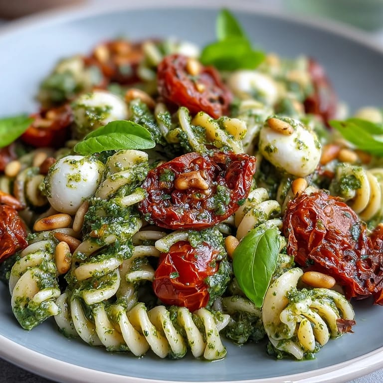 A refreshing summer pasta salad featuring vibrant cherry tomatoes, creamy mozzarella, and aromatic basil pesto, ideal for outdoor gatherings.