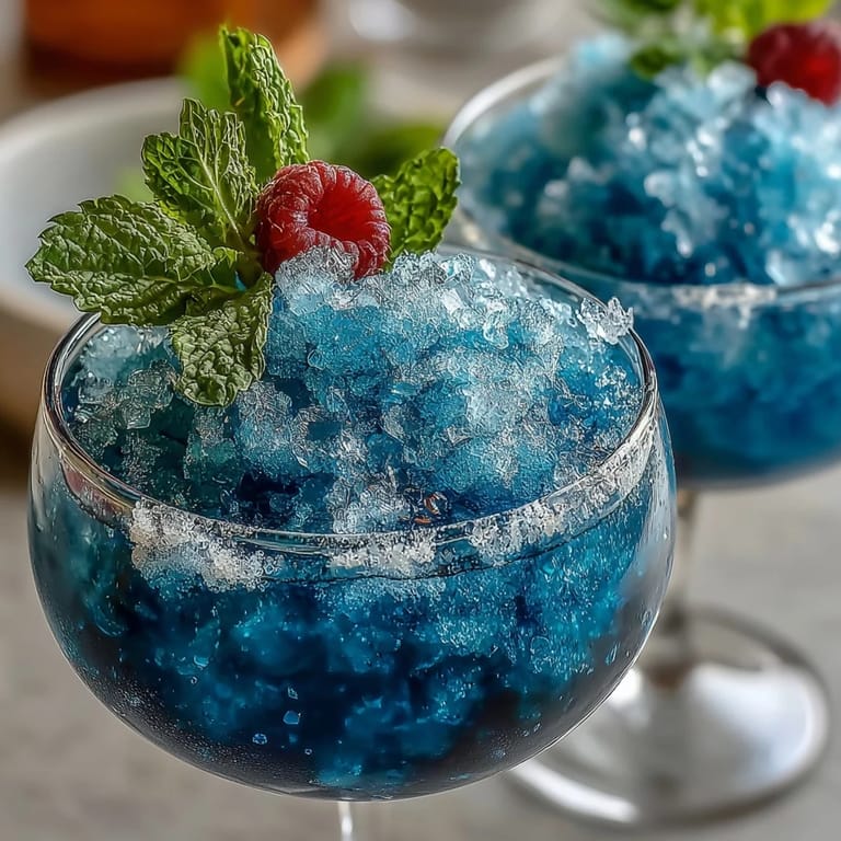 Cool and icy blue raspberry lemonade slushie garnished with mint leaves, ideal for hot summer days.