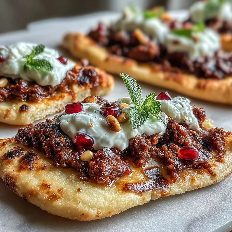 Fragrant spiced lamb mingles with cool yogurt and fresh herbs atop golden flatbread, offering a delightful contrast of textures and flavors.