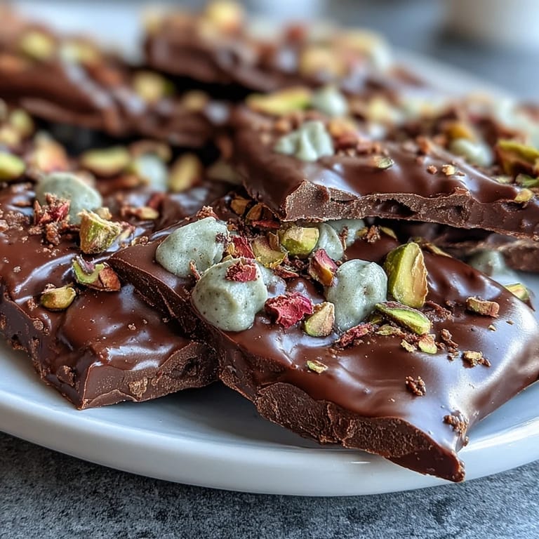 Gourmet Dubai-style chocolate bark with crunchy kataifi, smooth pistachio cream, and elegant rose petal garnish.