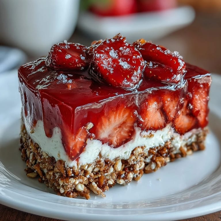 Golden pretzel crust topped with luscious cream cheese layer and glistening strawberry gelatin.