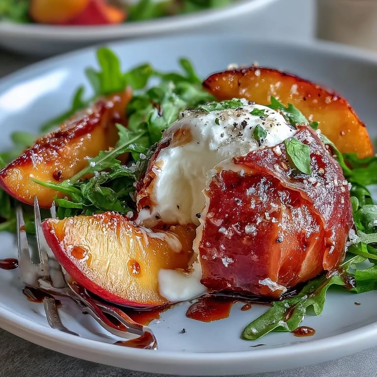 Salty prosciutto wraps around sweet peaches and creamy burrata on a bed of greens, dressed with tangy balsamic glaze.