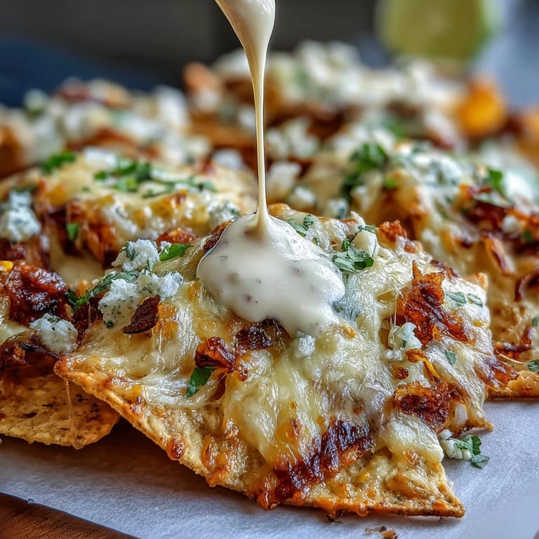 Festive Mexican street corn nachos topped with Monterey Jack, cotija, and jalapeño, finished with fresh cilantro and lime wedges.  