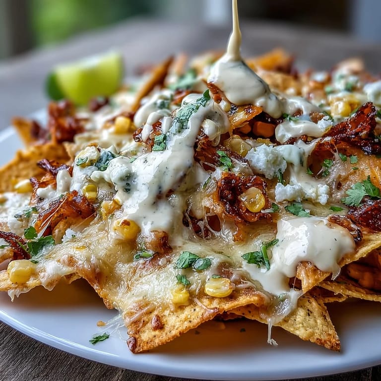 Elote-inspired nachos baked until bubbly, featuring sweet corn, spicy crema, and vibrant garnishes for a bold party appetizer.
