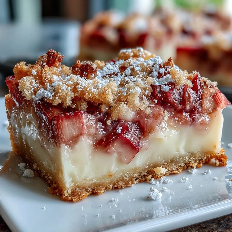 Creamy custard and tart rhubarb slices atop golden shortbread, perfect for spring gatherings and brunches.