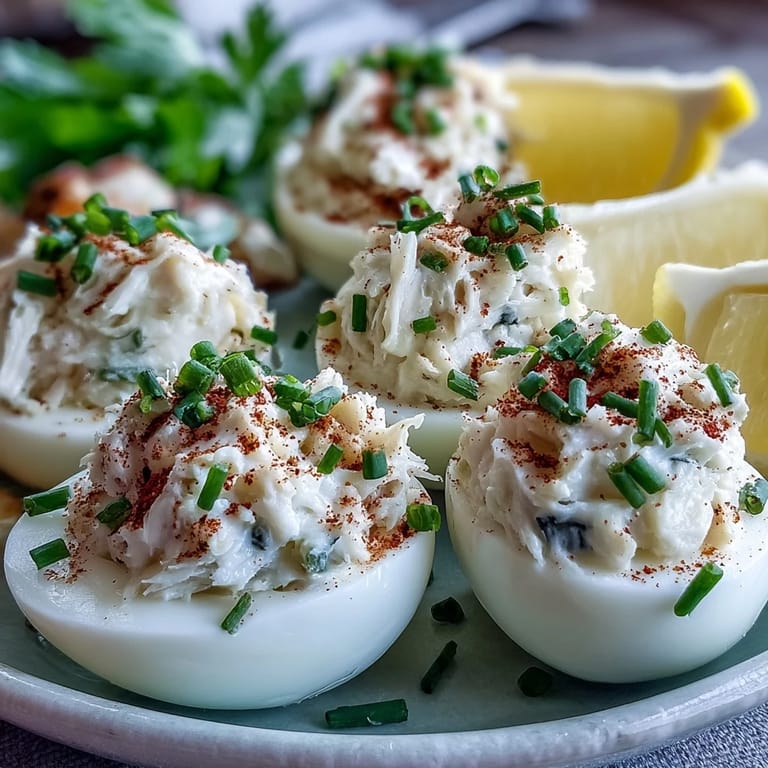 Elegant crab cake-inspired deviled eggs, piped with creamy seafood filling, sprinkled with Old Bay and chives for a party-ready dish.