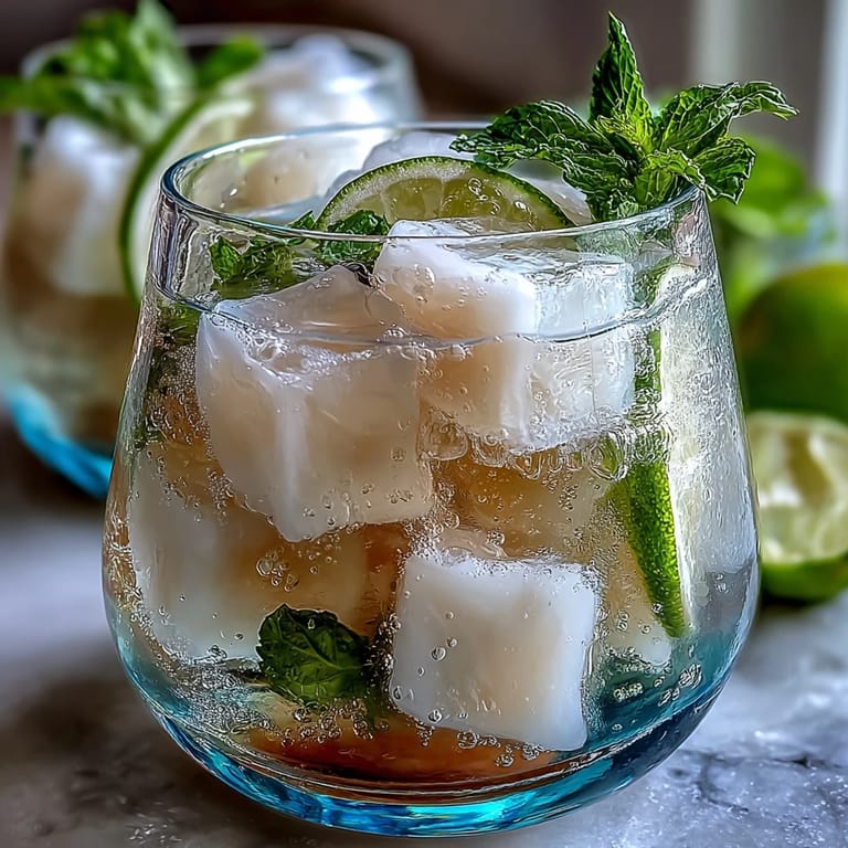 Glistening lychee agar jelly cubes float in effervescent sparkling yuzu water, creating an elegant summer treat.