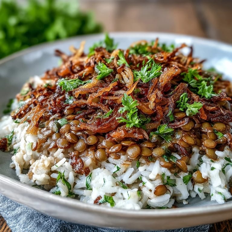 A heartwarming bowl of Levantine Mujadara, richly spiced and topped with savory fried onions.