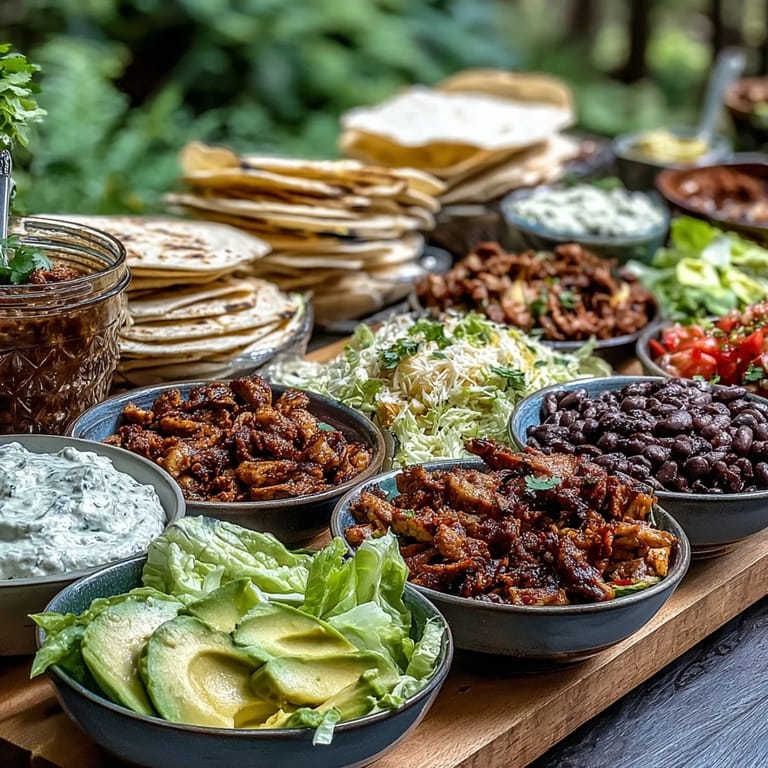 Enjoy a festive DIY Taco Bar for Outdoor BBQ with grilled chicken and fresh fixings.
